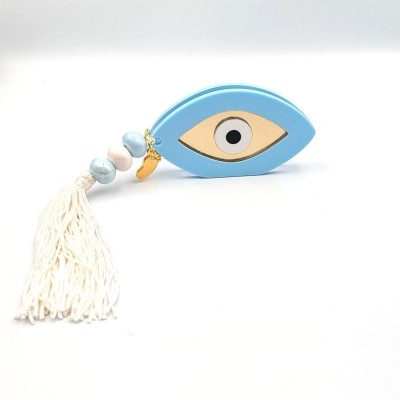 Χειροποίητο Επιτραπέζιο Γούρι "Royal Eye" – Γαλάζιο & Χρυσό Μάτι με Πλούσια Λευκή Φούντα