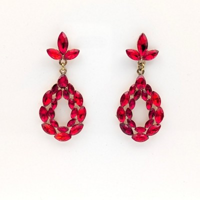 Σκουλαρίκια GREKAS JEWELRY Δάκρυ με Κόκκινες Πέτρες και Χρυσές Λεπτομέρειες