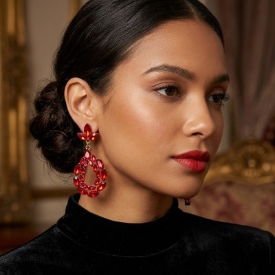 Σκουλαρίκια GREKAS JEWELRY Δάκρυ με Κόκκινες Πέτρες και Χρυσές Λεπτομέρειες