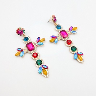 GREKAS JEWELRY Μακριά Σκουλαρίκια Σταυρός με Πολύχρωμες Κρυστάλλινες Πέτρες