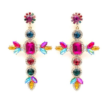 GREKAS JEWELRY Μακριά Σκουλαρίκια Σταυρός με Πολύχρωμες Κρυστάλλινες Πέτρες