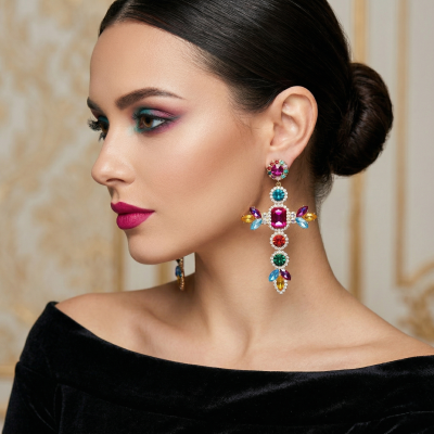 GREKAS JEWELRY Μακριά Σκουλαρίκια Σταυρός με Πολύχρωμες Κρυστάλλινες Πέτρες