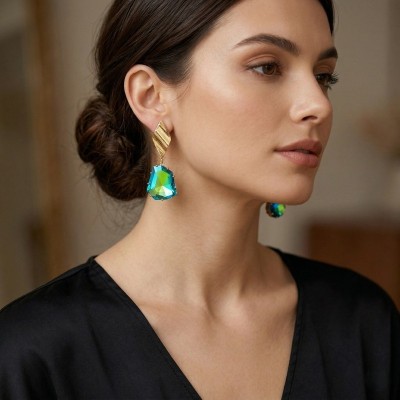 GREKAS JEWELRY Κρεμαστά Σκουλαρίκια με Πράσινα Κρύσταλλα
