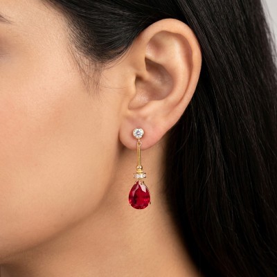 GREKAS JEWELRY Χρυσά Κρεμαστά Σκουλαρίκια με Κόκκινο Κρύσταλλο