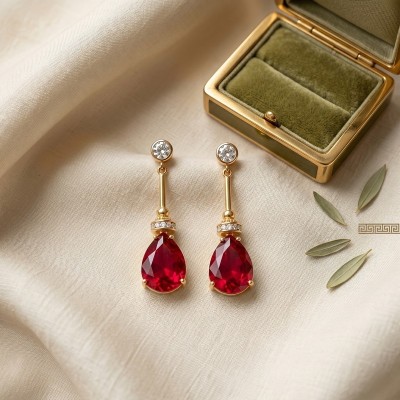GREKAS JEWELRY Χρυσά Κρεμαστά Σκουλαρίκια με Κόκκινο Κρύσταλλο