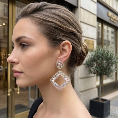 GREKAS JEWELRY Χρυσά Κρεμαστά Σκουλαρίκια με Ιριδίζον Κρύσταλλα