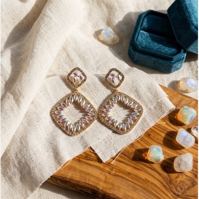 GREKAS JEWELRY Χρυσά Κρεμαστά Σκουλαρίκια με Ιριδίζον Κρύσταλλα