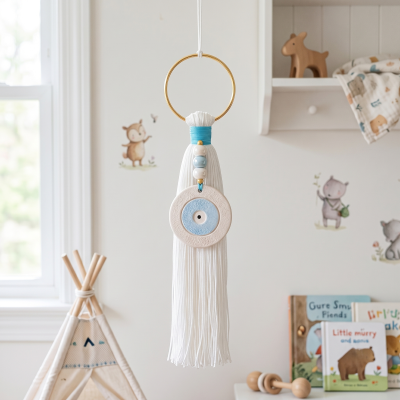 Χειροποίητο Κρεμαστό Γούρι Μάτι "Little Explorer" με Στρογγυλό Κεραμικό Στοιχείο Μάτι & Λευκή Φούντα