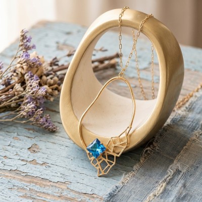 Χειροποίητο Μακρύ Επιχρυσωμένο Κολιέ "Geometric Azure" με Μπλε Κρύσταλλο | GREKAS JEWELRY