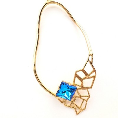 Χειροποίητο Μακρύ Επιχρυσωμένο Κολιέ "Geometric Azure" με Μπλε Κρύσταλλο | GREKAS JEWELRY