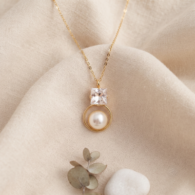 Επίχρυσο χειροποίητο Κολιέ GREKAS JEWELRY με Πέρλα & Κρυστάλλινη Πετρά