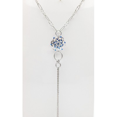 Χειροποίητο Ασημί Κολιέ Catherine Bijoux με Μπλε Στρας και Φούντα από Αλυσίδες