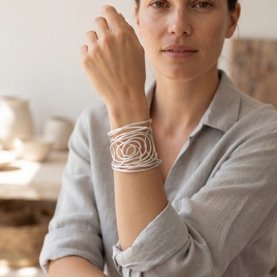 Χειροποίητο Ασημί Βραχιόλι Catherine Bijoux Cuff με Αρχιτεκτονική Πλεκτή Υφή