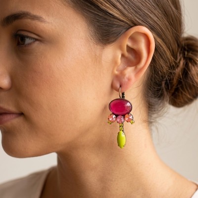 Χειροποίητα Κρεμαστά Σκουλαρίκια Dimitriadis – Magenta & Lime με Κρύσταλλους Swarovski