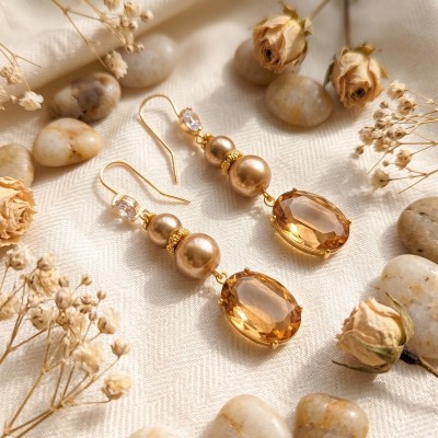 Μακριά Κρεμαστά Σκουλαρίκια με Bronze Πέρλες & Amber Κρύσταλλο – GREKAS JEWELRY