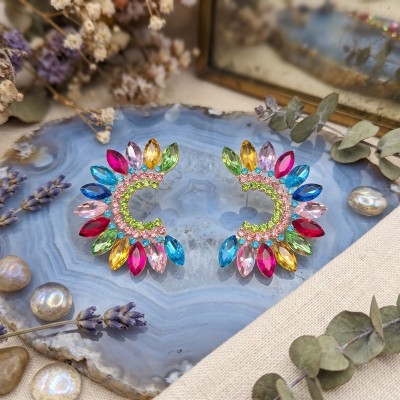 Multi Statement Σκουλαρίκια Ear Climbers / Crescent με Πολύχρωμους Κρυστάλλους – GREKAS JEWELRY
