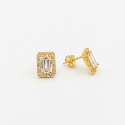 Ασημένια Επιχρυσωμένα Σκουλαρίκια 925° «Emerald Cut» με Πέτρες Zircon GREKAS JEWELRY