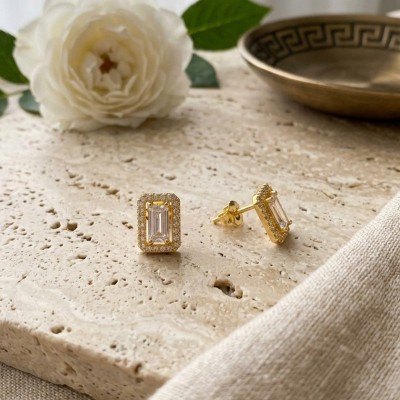 Ασημένια Επιχρυσωμένα Σκουλαρίκια 925° «Emerald Cut» με Πέτρες Zircon GREKAS JEWELRY