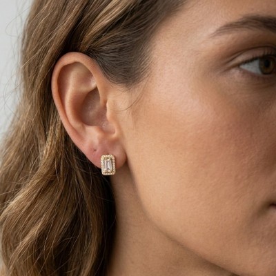 Ασημένια Επιχρυσωμένα Σκουλαρίκια 925° «Emerald Cut» με Πέτρες Zircon GREKAS JEWELRY